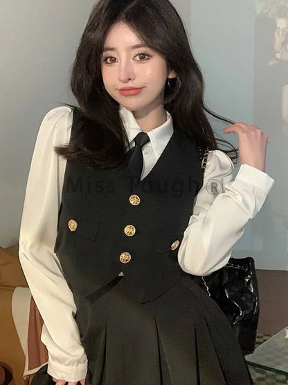 maoxiangshop Japanese Preppy Style Three Piece Sets Women Black Vintage Vest + +White Casual Blouse +Mini Pleated Skirt Female Chic Clothes