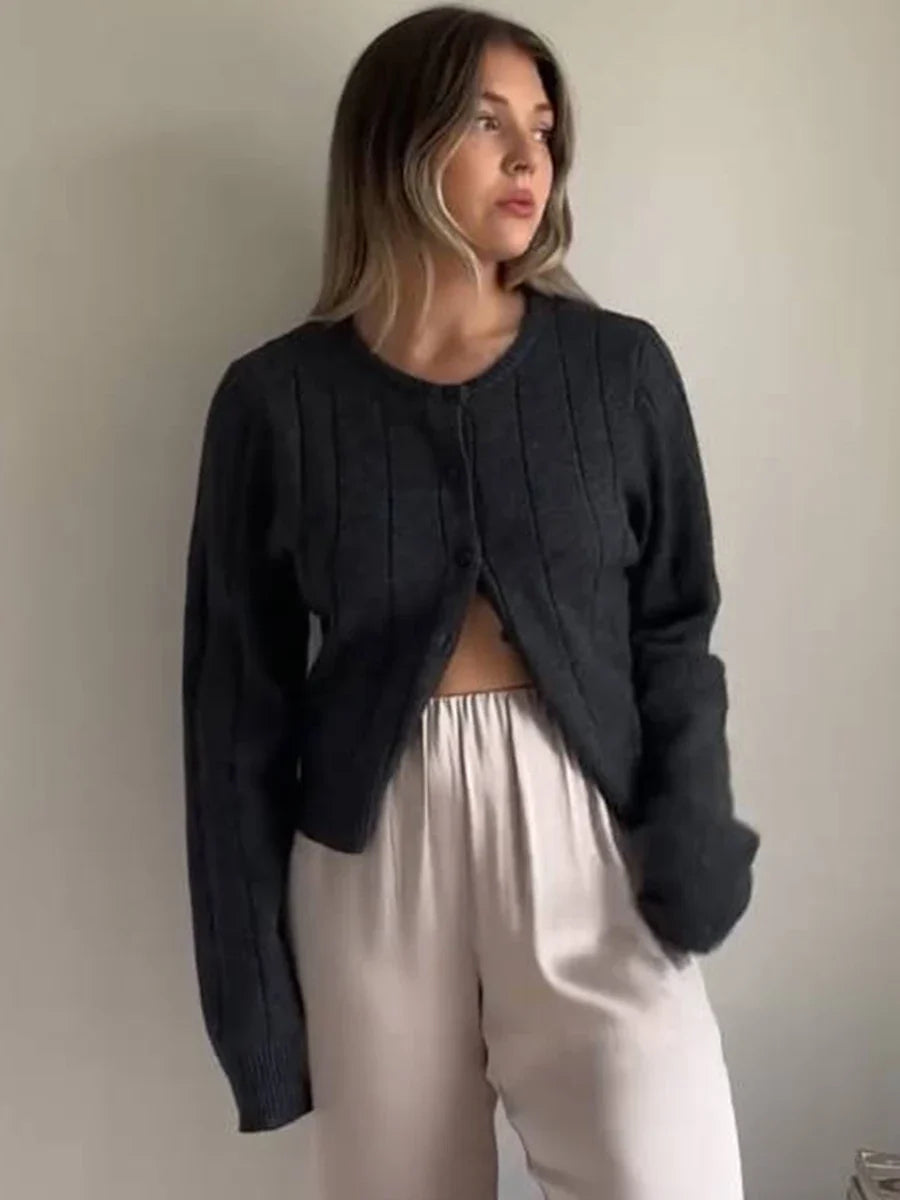 maoxiangshop  -  Solid Cropped Sweater Cardigan Women Autumn Single Breasted O Neck Knitted Outerwear 2024 New Retro Fashion Long Sleeve Sweaters