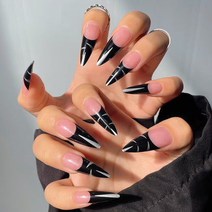 24Pcs False Nails With Glue Almond Pink Butterfly Design Detachable Rhinestones Acrylic Fake Nails long stiletto Press On Nails