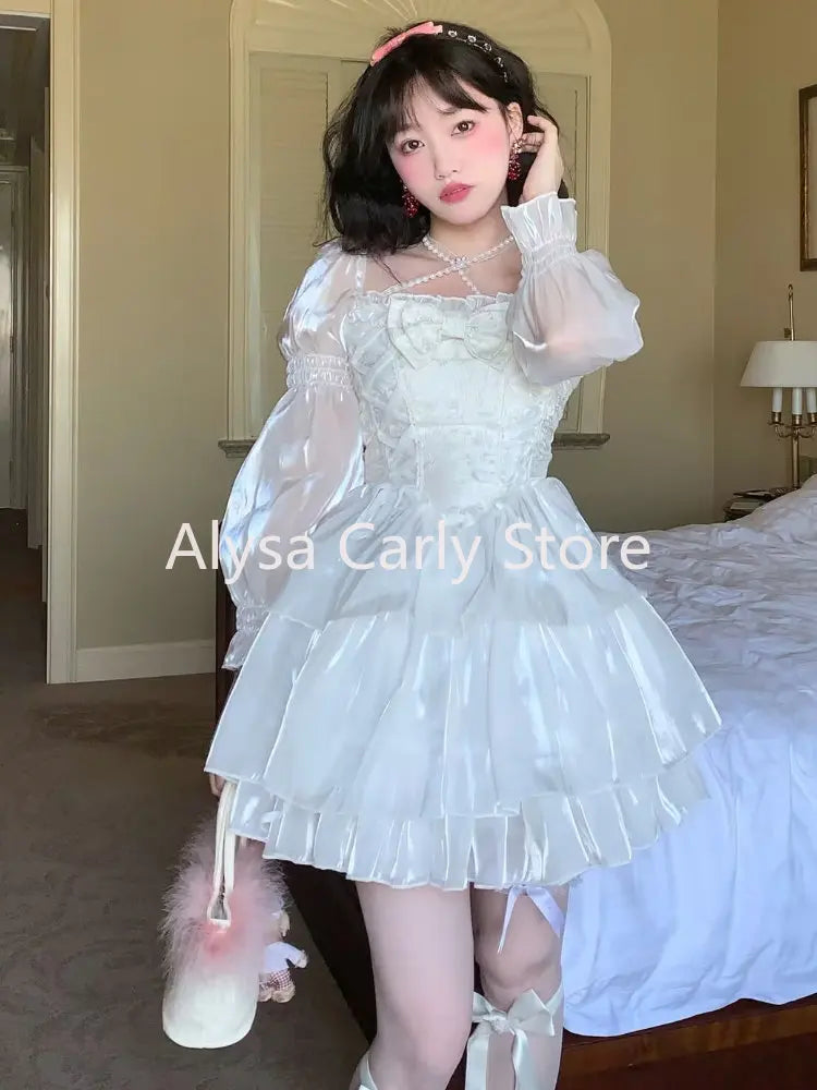 Japanese Sweet Fairy Lolita Dress Women White Mesh Elegant Princess Dress Female Bow Casual Evening Party Dress Summer Slim