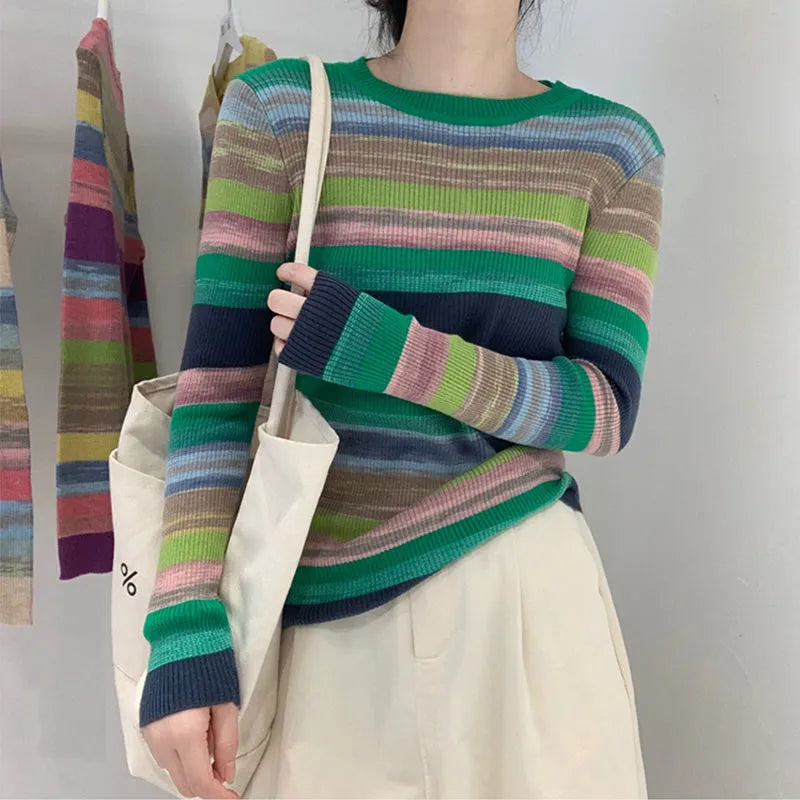 maoxiangshop Rainbow Sweater Women Super Soft Stretchy Multicolor Striped Knit Striped Jumper Pullover Female Spring Autumn Knitwear