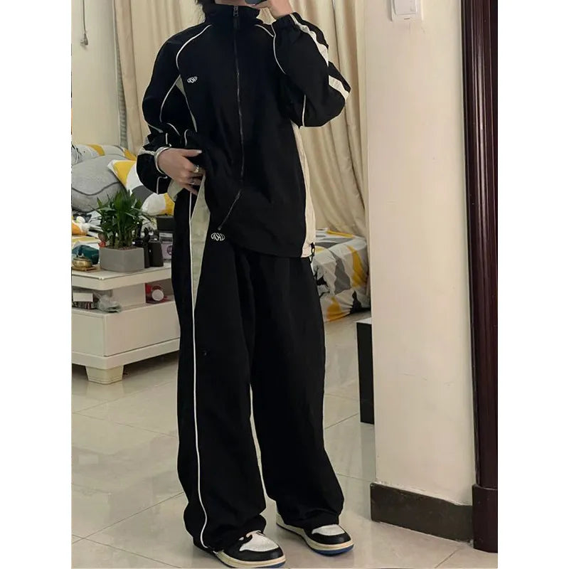 Women Spring Retro Solid Loose Drawstring Trousers Casual Joggers Baggy Wide Leg Sweatpants Mid Waist Sporty Y2k Female Clothes