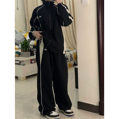 maoxiangshop1 Women Spring Retro Solid Loose Drawstring Trousers Casual Joggers Baggy Wide Leg Sweatpants Mid Waist Sporty Y2k Female Clothes