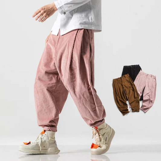 maoxiangshop Vintage Corduroy Pants Men Harajuku Japanese Pink Retro Streetwear Black Trousers Male Oversize Men's Casual Loose 5XL