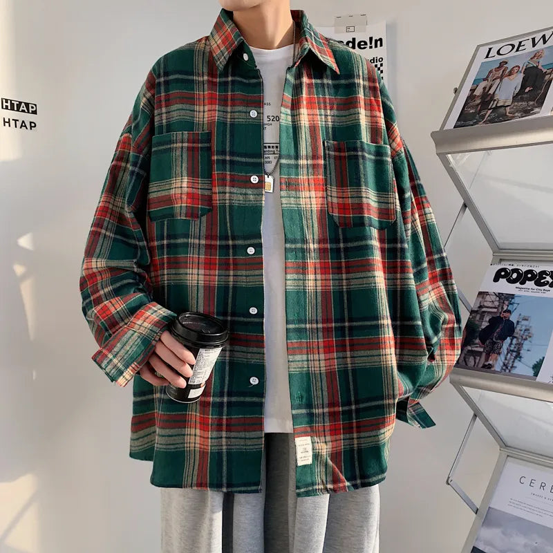 maoxiangshop Harajuku Long Sleeve Plaid Shirts Men Big Size M-5XL Autumn Chic Loose Vintage High Street All-match Gentleman Camisa