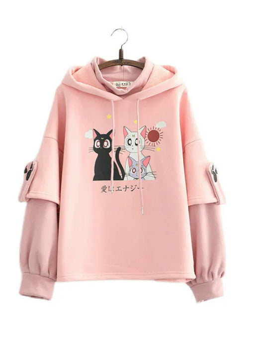 maoxiangshop Fleece Pink Winter Hooded Sweatshirt Cartoon Cat Print Cute Hoodies Sweet Style Girl Long Sleeve Kawaii Harakuju Pullover Top