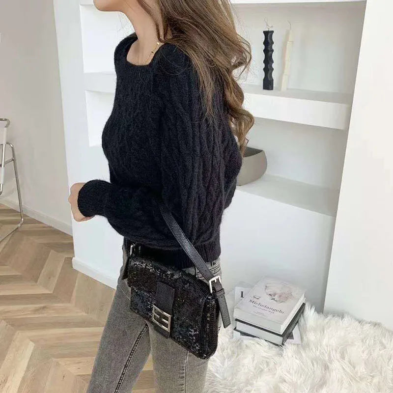 maoxiangshop Casual Knitted Sweater Women Pullover Autumn Winter Soft Thick Warm Wool Jumper Female All-Match Square Collar Sweaters