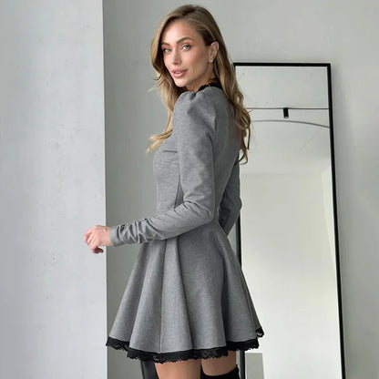 maoxiangshop  -  Lace Splice Elegant Mini Dress Female Autumn Winter New Contrast Color Office Woman Dress Long Sleeve High Waist Clothes
