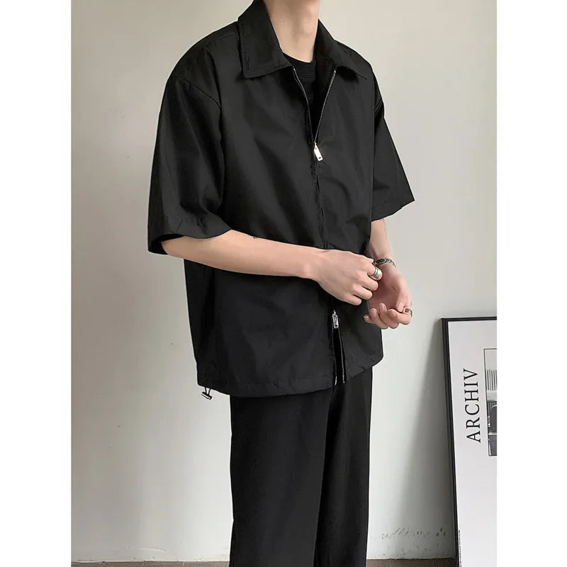 maoxiangshop Summer Short Sleeved Shirt Men Fashion Oversized Zip Shirt Men Korean Loose Black White Dres Shirts Mens Ice Silk Shirt M-2XL