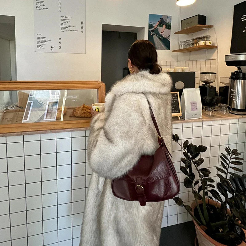 maoxiangshop  -  Slouchy Chic Gradient Long Eco Faux Fur Coat Women Winter Thick Warm Fluffy Fox Fur Jacket Brand Fashion Girls Overcoat