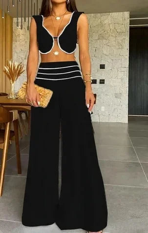 maoxiangshop  -  Sexy Short Vest and Casual Pants Set, Contrast Color, Low Cut, Autumn Fashion