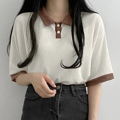 maoxiangshop Spring Summer Autumn Korean Casual Polo T-Shirt Female Pullover Fashion Women Blouse Simple Preppy Style Student Loose Soft