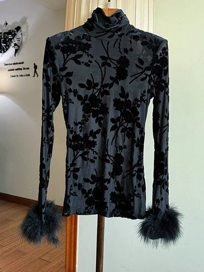 maoxiangshop  -  Long Sleeve T-Shirt Women High Neck Print Velvet Slim 2024 Winter New Basic Pullover Fashion T Shirts