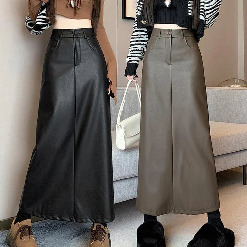 maoxiangshop Vintage Coffee Black Long Skirt for Women Casual Back Split Pu Leather Skirts Ladies Autumn Winter High Waist A-Line Skirt