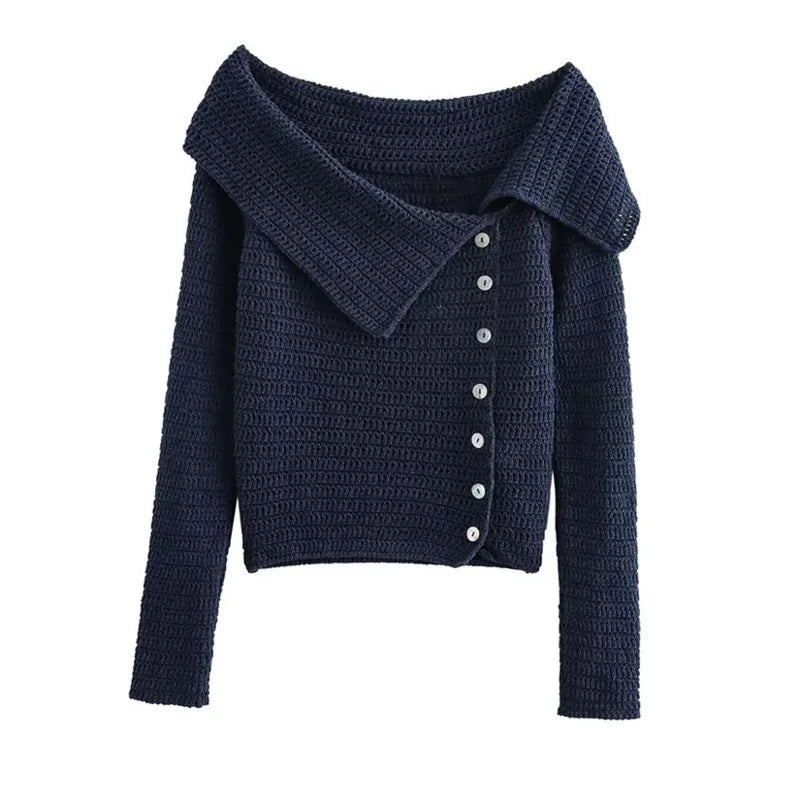 maoxiangshop  -  Single Off Shoulder Irregular Sweater Top Women 2024 Autumn Casual Fashion Solid Turn Down Collar Long Sleeve Breasted Lady Top