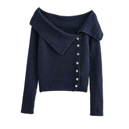 maoxiangshop  -  Single Off Shoulder Irregular Sweater Top Women 2024 Autumn Casual Fashion Solid Turn Down Collar Long Sleeve Breasted Lady Top