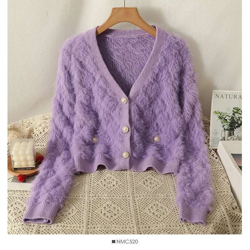 maoxiangshop Women Mohair Cardigan Blue Soft Fuzzy Knit Sweater with Pearl Button Autumn Winter