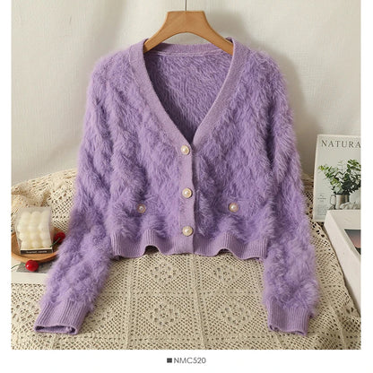 maoxiangshop Women Mohair Cardigan Blue Soft Fuzzy Knit Sweater with Pearl Button Autumn Winter