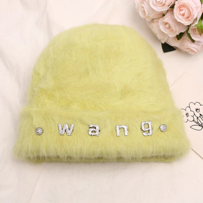 maoxiangshop New Fashion Rabbit Fur Y2k Beanies for Women Soft Warm Fluffy Angola Winter Hat Female Windproof Bonnet Hat Skullies Cap