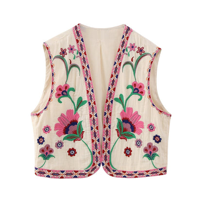 Women Vintage Floral Embroidered Vest 2023 New V Neck Sleeveless Waistcoat Vests for Woman Summer Holiday Female Crop Top