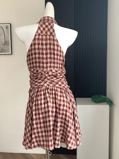 Summer Korean Vintage Plaid Mini Sleeveless Dress Women Vintage 2000s Aesthetic Frocks One-Piece Birthday Party Mori Girl Tide