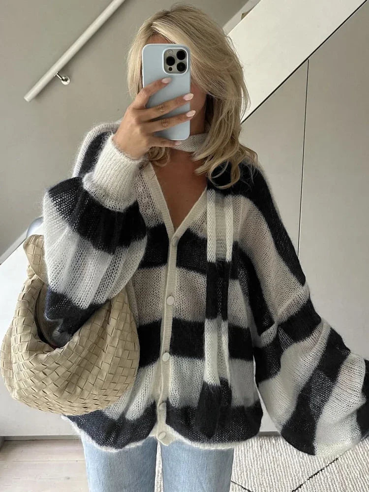 maoxiangshop  -  V-Neck Scarf Sweater Cardigan Female Contrast Casual Patchwork Autumn Hollow Out Outwear Women's Knitwear Coat Cardigan