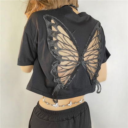 maoxiangshop Harajuku Butterfly Wings Black T-shirt Sexy Hollow Out Short Sleeve Crop Top E-girl Dark Academia Grunge Pullovers Tees Women