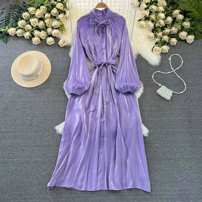 maoxiangshop Frenchic Vintage Long Dress Women Lace-up Bow Collar Lantern Sleeve Female Vestidos De Mujer Spring Elegant Dresses