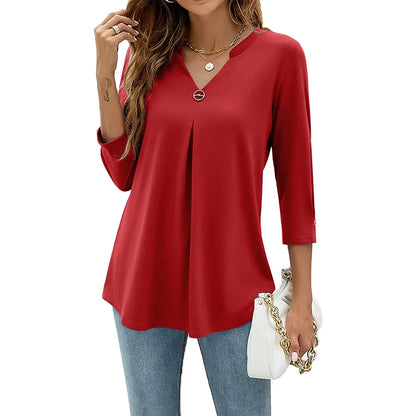 maoxiangshop Womens Autumn V Neck 3/4 Sleeve Shirts Business Casual Tops Loose Work Tunic Blouse