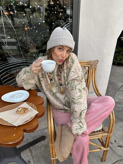 maoxiangshop -  Fashion Flower Printed Knitted Sweater For Women Round Neck Long Sleeves Loose Pullover Autumn Winter Lady High Street Jumper