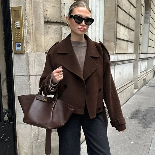 maoxiangshop  -  Brown Double Breasted Wool Coat Office Women's Retro Lapel Short Jacket Loose Solid  Autumn Winter Coat Female Outfits