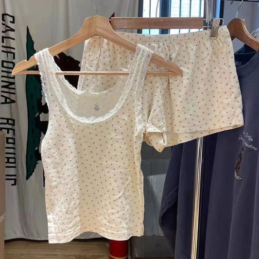 maoxiangshop  -  Lace Trim 2 Piece Sets for Women Summer Clothes 2024 Cotton 90s Y2K Crop Tops Girls Cute Kawaii Sexy Short Sets Outfit Two Piece