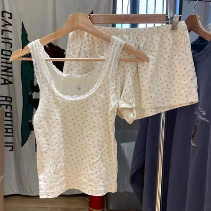maoxiangshop  -  Lace Trim 2 Piece Sets for Women Summer Clothes 2024 Cotton 90s Y2K Crop Tops Girls Cute Kawaii Sexy Short Sets Outfit Two Piece