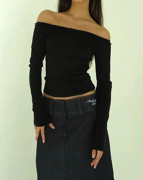 maoxiangshop  -  Bow Lace Patchwork Off Shoulder Crop Top Women Long Sleeve Open Back Slim Versatile Balletcore Autumn T-shirt Hottie Tee