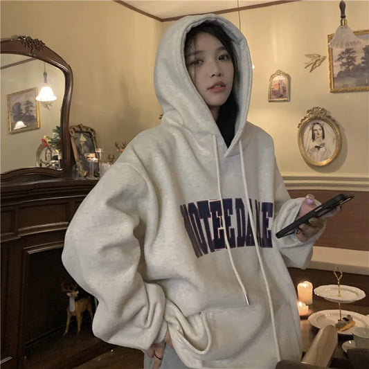 maoxiangshop 2023 Autumn Women Letter Print Oversized Hoodie Harajuku High Street Loose Hooded Sweatshirt Y2k Clothes Streetwear Pullover Top