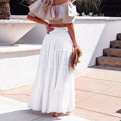 Summer Women Solid Skirts Vintage Casual High Waist Elastic Patchwork Chic Long Cake A-line Skirt Bohemian Maxi Vacation Skirts