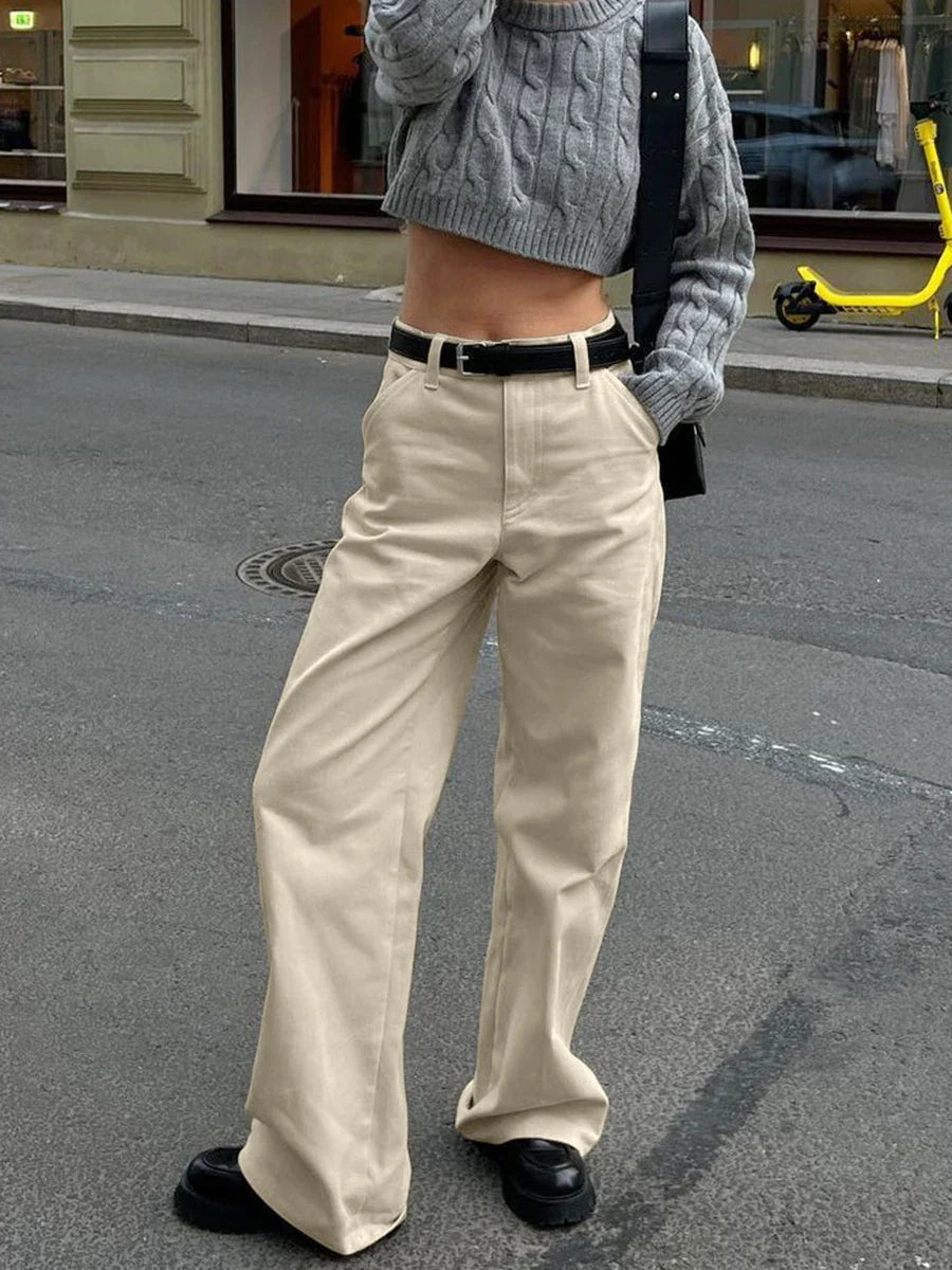 maoxiangshop  -  Khaki Classic Wide Leg Pant Women High Waist Pocket Loose Simple Trouser 2024 Autumn Winter Streetwear Fashion Casual Pants New