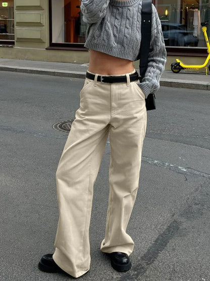 maoxiangshop  -  Khaki Classic Wide Leg Pant Women High Waist Pocket Loose Simple Trouser 2024 Autumn Winter Streetwear Fashion Casual Pants New