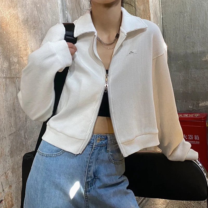 Women Zipper Cropped Jackets Fashion Letter Loose Sweatshirt Korean Casual Short Y2k Tops Spring Harajuku Lady Clothes New