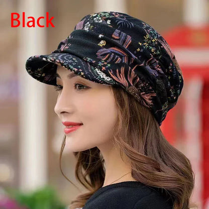 maoxiangshop Women Hat Short Brim Warm Foldable Earflap Women Cap Ethnic Style Floral Print Autumn Winter Hat Daily Clothing Turban Visor