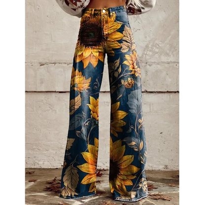 maoxiangshop  -  Trendy Retro Plus Size 3D Print Pants Women Autumn New Fashion Casual Comfortable Imitation Jeans Wide Leg Baggy Jeans Y2k Pants