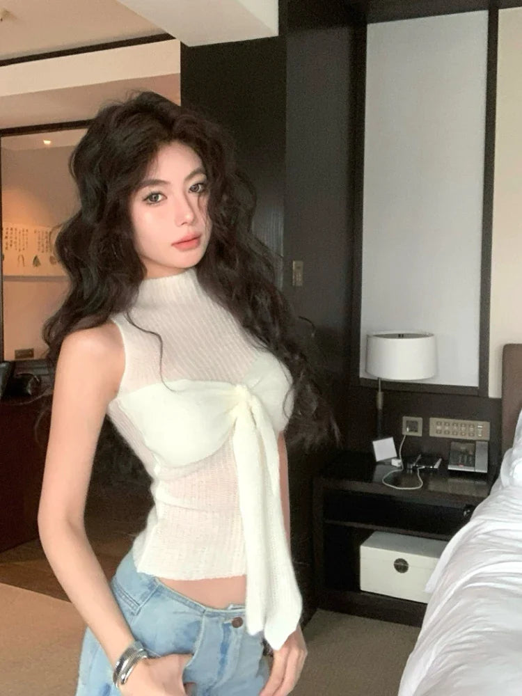 maoxiangshop  -  Y2k Sweater Vest with Bow Half High Collar Jumpers Sexy Slim Sleeveless Knitted Underwear Korean Fashion Autumn Winter
