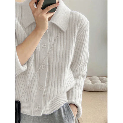 maoxiangshop Turn Down Knit Cardigan Women Autumn Winter Button Up Solid Color Sweater Coats Woman Long Sleeve Soft Cardigans Ladies