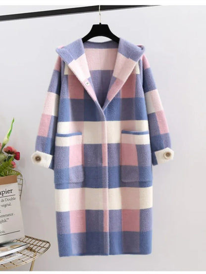 maoxiangshop popular plaid coat winter women's new Korean version imitation mink coat medium long lapel woolen coat