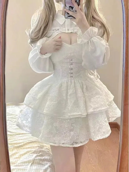 maoxiangshop Japanese Kawaii Lolita Dress Women Elegant Sweet Lace Ruffles White Strap Dresses Sexy Korean Fashion Birthday Party Fairy Dress