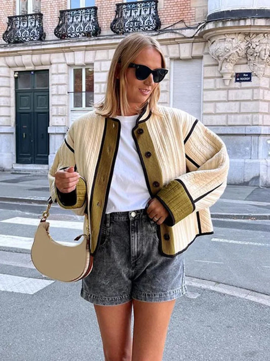 maoxiangshop  -  2024 Women Chic Contrast Patchwork Cotton Jacket Elegant Stand Collar Single Breasted Pockets Coat Fall Winter Lady Chic Outwear