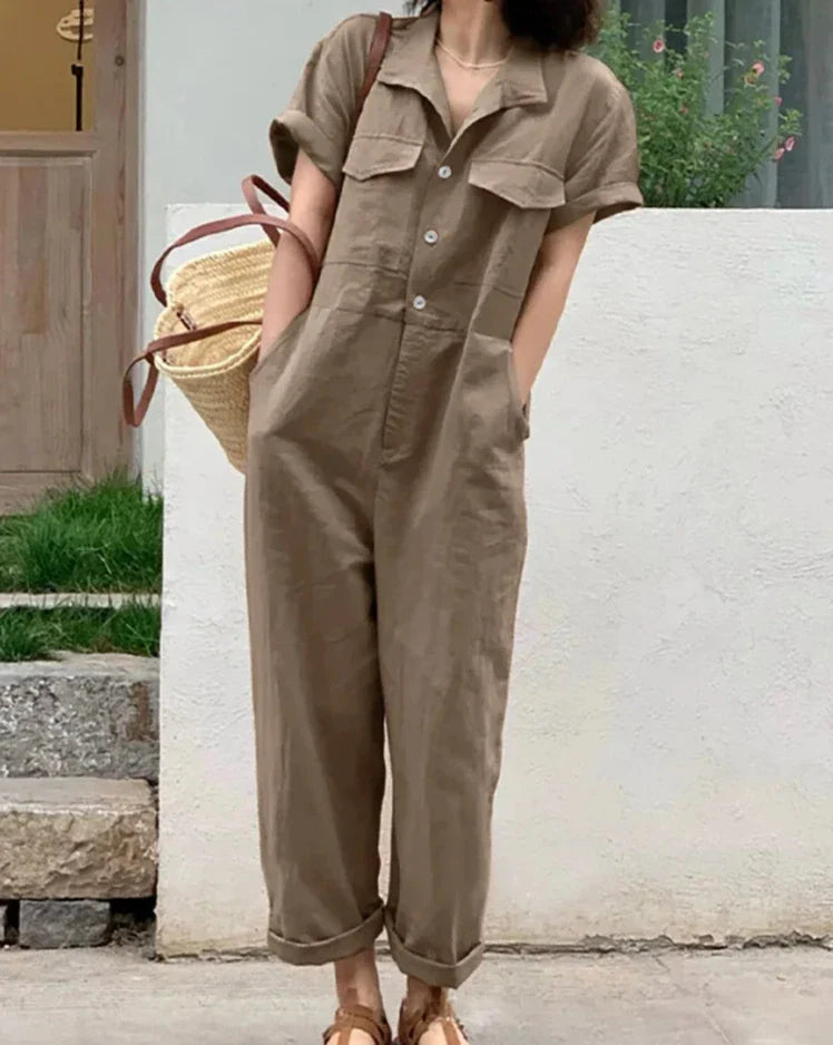 maoxiangshop Women Summer Jumpsuit Lapel Solid Color Short Sleeved Dungarees Femme Fashion Causal Elegant Rompers Work OL Pant