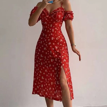 V Neck Lantern Sleeve Side Slit Dresses Women's Elegant New Sexy Slim Mid-length Skirts Floral French Suspender Dress Vestidos