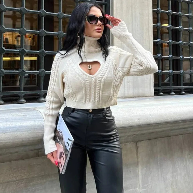 maoxiangshop  -  Women's Sweater Sexy Turtle Neck Love Hollow Pullover Sweater Autumn Winter Twist Knitted Short Street Casual Top Female