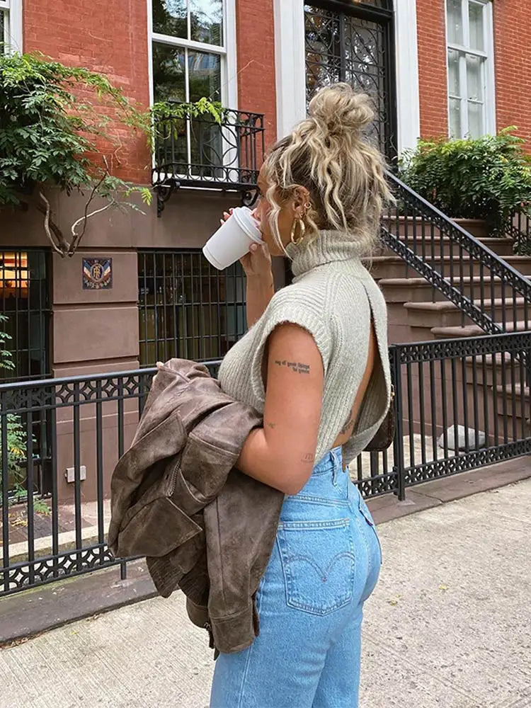 maoxiangshop  -  Women Solid Turtleneck Sweater Vest Casual Backless Thick Pullovers Knitted Sweaters Autumn Female Warm Fashion Streetwear